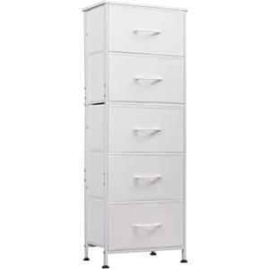 WLIVE Fabric Dresser, 5-Drawer Tall Dresser for Bedroom, Storage Dresser Organizer with Fabric Bins, Wood Top, Sturdy Steel Frame, Chest of Drawers for Closet, Hallway, White