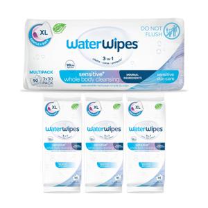 WaterWipes Sensitive Whole Body Cleansing Wipes, 99.9% Purified Water, XL Textured Wipes, Incontinence Care, Fragrance Free, 90 Count (30 Count (Pack of 3))