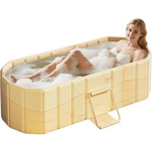 Portable Foldable Bathtub, Freestanding Bathtub No Installation, Bathroom SPA Soaking Bath Tub, Shower Stall Collapsible Hot & Ice Bath for Indoor Outdoor (Beige, 59"L x 21.6"W x 19.6"H)