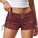 MakeMeChic Women's PU Leather Micro Shorts Lace Up Ruched Low Waist Belted Y2K Rave Going Out Shorts Concert Outfits (Burgundy, XS)