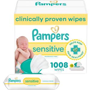 Pampers Baby Wipes, Sensitive, Water Based Wipe, Clinically Proven, Hypoallergenic, and Unscented for Babies, 1008 Wipes Total (12 Flip-Top Packs) [Packaging May Vary]