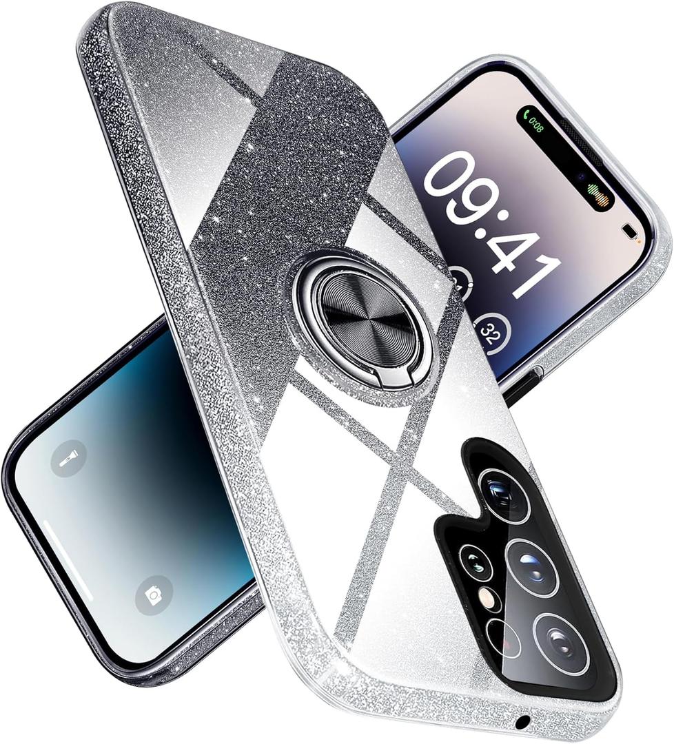 for Samsung Galaxy S23 Ultra 5G Case with Ring Stand Magnetic Kickstand,Glitter Sparkly,for Girls Women,TPU Cover and Hard PC Protective Slim Fit Case 6.8in Black JUS02-29