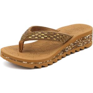 ONCAI Women's Wedge Flip Flops with Rhinestone，Recovery Dressy Walking Sandals for Women with Comfortable Arch Support Cushion Yoga Mat Summer Rubber Soles(US Size 9)