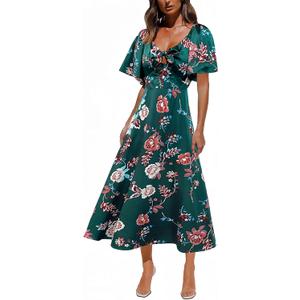 Fashionme Womens Dresses 2026 Maxi Dresses Deep V Neck Elegant Bow Tie Front Cap Sleeve Summer Floral Satin Smocked Dress, Size XL (Dark Green)