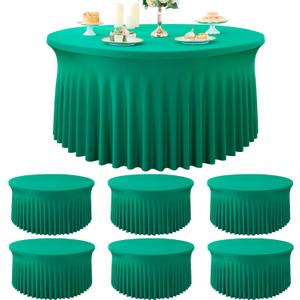 6 Pack Emerald Green Spandex Round Tablecloths for 72 Inch Table, Stretchy 132 Inch Fitted 6FT Cloths, Wrinkle Free Cover With Skirt for Wedding Party Dining Banquet