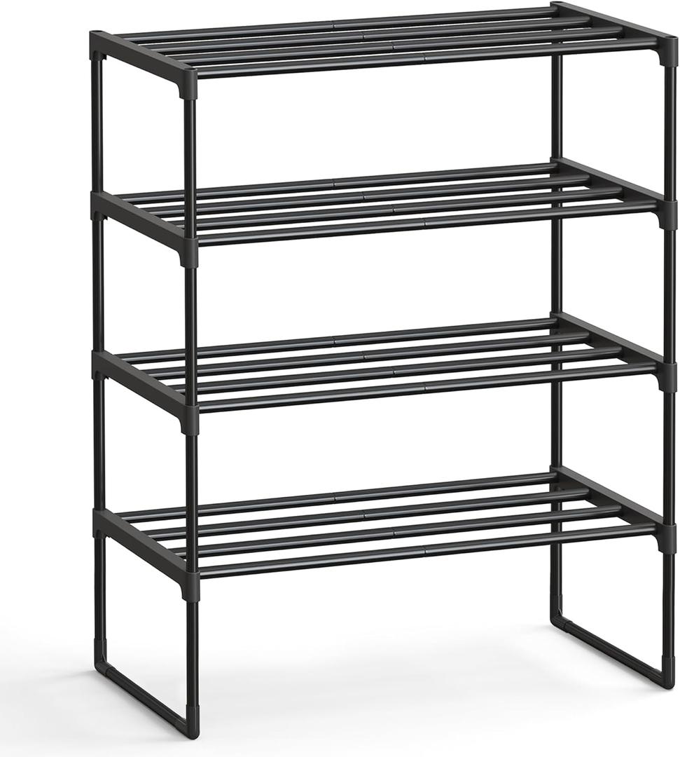 SONGMICS Shoe Rack, 4-Tier Shoe Organizer, Metal Storage Shelf, Upright or Upside Down, for 10-15 Pairs, Stackable, for Entryway, 11.8 x 26.8 x 28.4 Inches, Black ULSA204B01