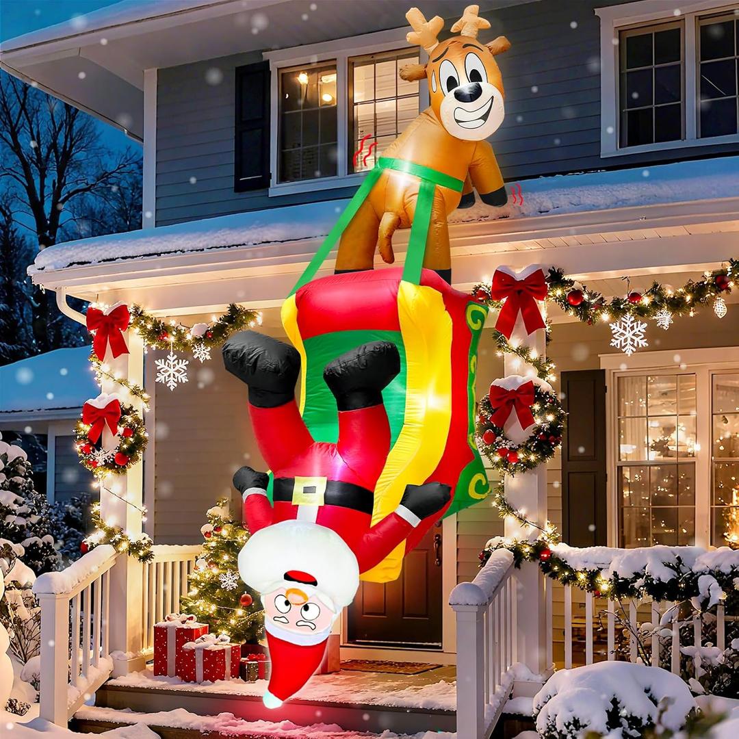 8.5 Ft Hanging Christmas Inflatable Outdoor Decoration, Blow Up Reindeer Pulling Santa Claus on Sleigh Built-in LED Light Christmas Roof Decorations Xmas Party Outside Indoor Balcony Tree Yard Garden