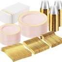 GATHER 350PCS Pink Plastic Plates - Disposable Plastic Dinnerware Set Include 100 Pink Plates, 150 Silverware, 50 Napkins, 50 Cups for Party & Wedding (Pink and Gold)