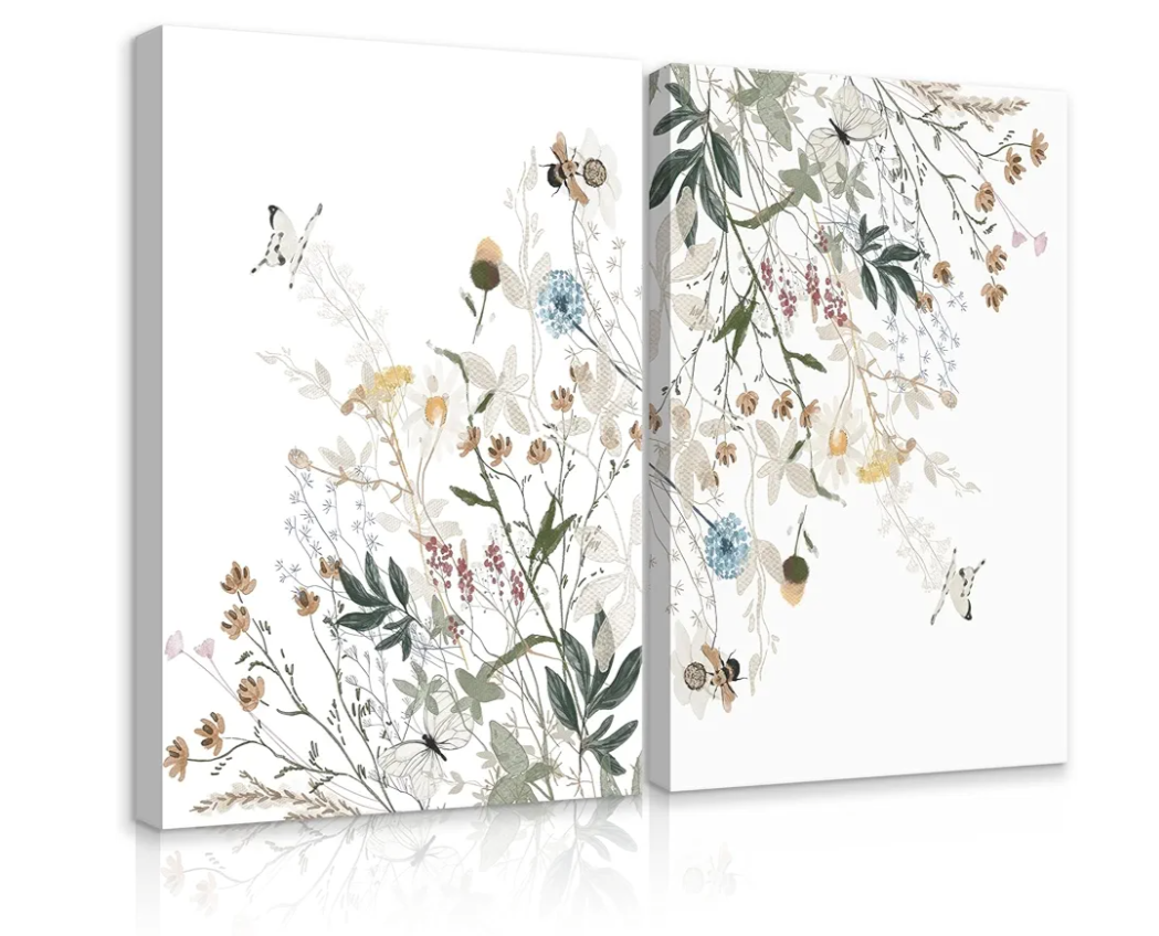 HDXUFJQ 2Pcs Floral Pictures Wall Decor Colorful Wildflower Canvas Wall Art Flower Botanical Prints Paintings Watercolor Plant Posters Spring Butterfly Wall Art Ready to hang (16"x24")