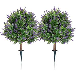 Artificial Lavender Topiary Balls Set of 2-24" UV Resistant Fake Boxwood Shrubs with Ground Spike, Evergreen Artificial Plant Bush for Outdoor Front Porch Patio Garden Home Decor Faux Plants