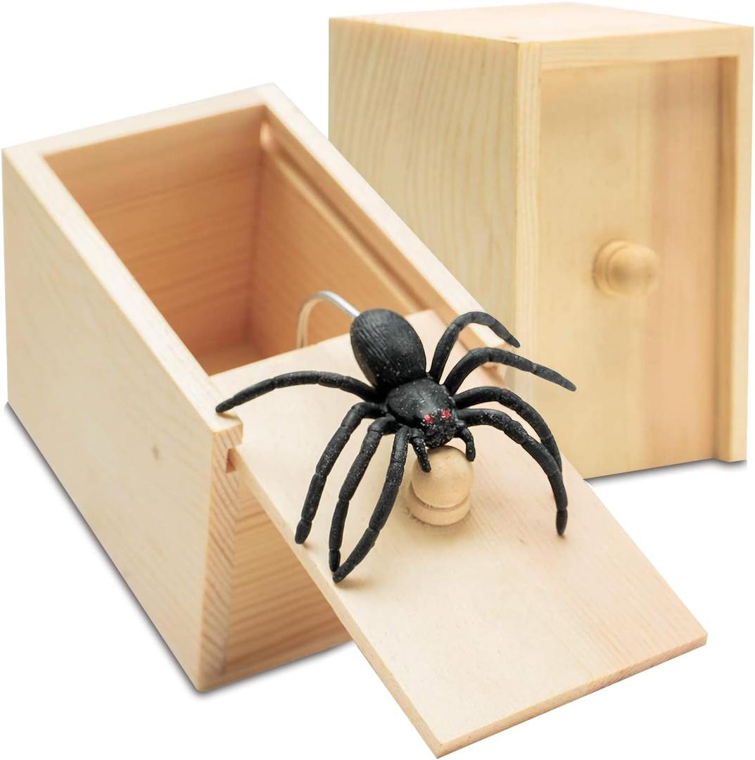 Fake Spider in a Box Prank Gift for Adults Kids, Handmade Wooden Pop Out Scare Surprise Boxes Joke Toys Halloween