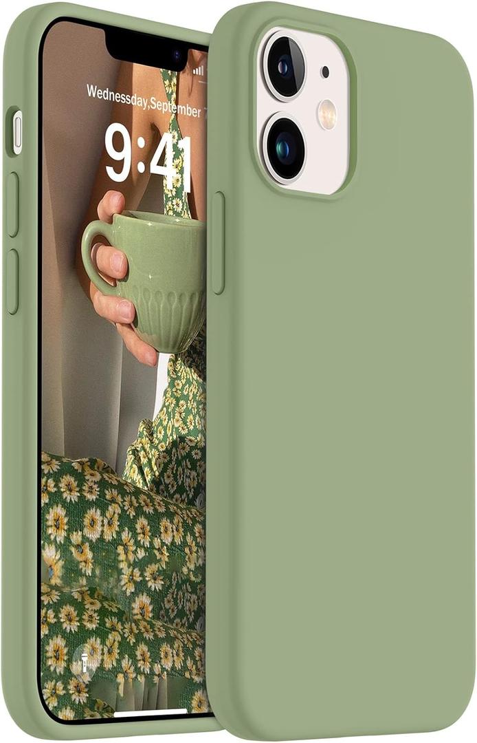 AOTESIER Shockproof Designed for iPhone 12 Mini Case, Food Grade Liquid Silicone Phone Case with [Soft Anti-Scratch Microfiber Lining] Drop Protection 5.4 inch Slim Thin Cover, Tea Green