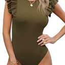 Missufe Women's Round Neck Ruffle Flutter Sleeve Slim Fit Ribbed Knit Casual Summer Bodysuit Tops L
