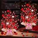 Valentines Day Decorations,2 Pack Lighted Valentine's Day Tree Tabletop with 20 Red Lights Battery Operated 16 Inch 12 Heart 48 Pink Berries Artificial Tree Valentine's Day Decor Home Party Wedding