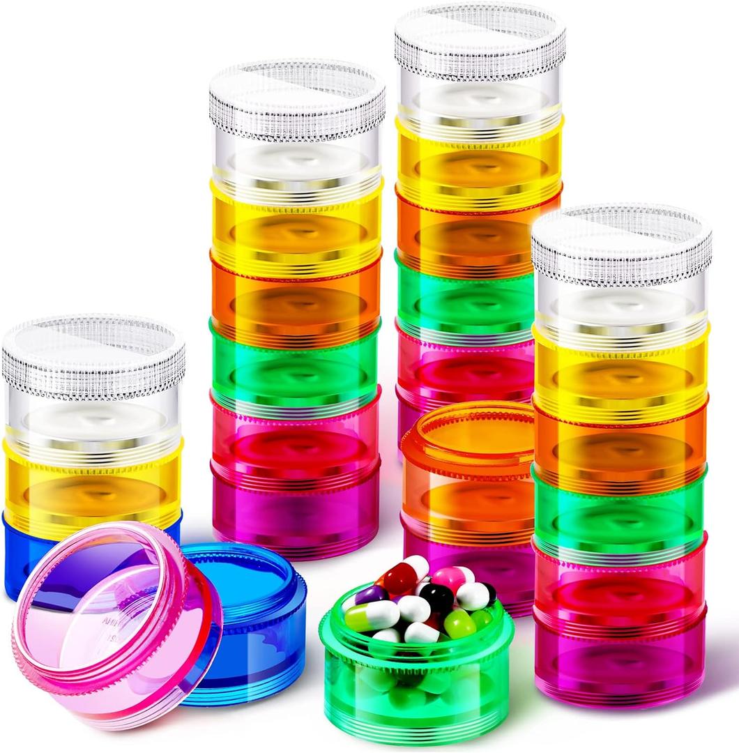 Sieral 7 Days Stackable Pill Organizers 7 Compartments Round Pill Boxes Tower Weekly Vitamin Individual Storage Containers Travel Cases with Lids for Medications, Vitamins and Supplements(4 Sets)