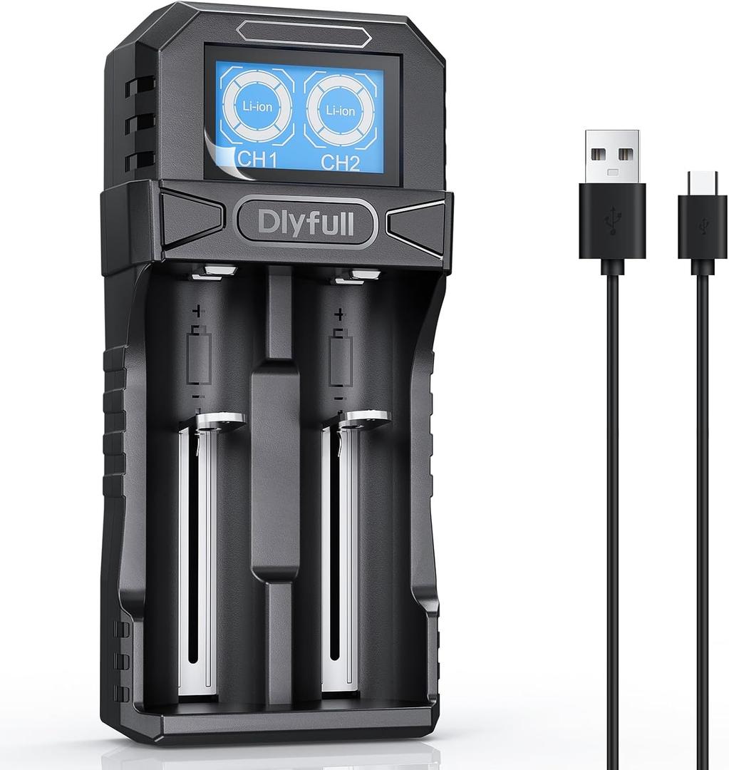 Dlyfull 18650 Battery Charger 2 Bay, LCD Display Lithium Battery Charger with USB-C Speed Charging, Independent Slot for 3.7V Li-ion 21700 26650 10340 16340 17335 17500 22650 Rechargeable Batteries