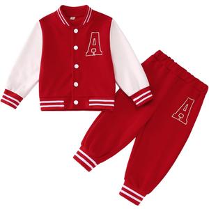MODNTOGA Toddler Girl Boy Contrasting Baseball Suit Set Letter A Print Jacket Sweatpants Activewear Fall Winter Outfit 2PCS (5-6 Years, Red)