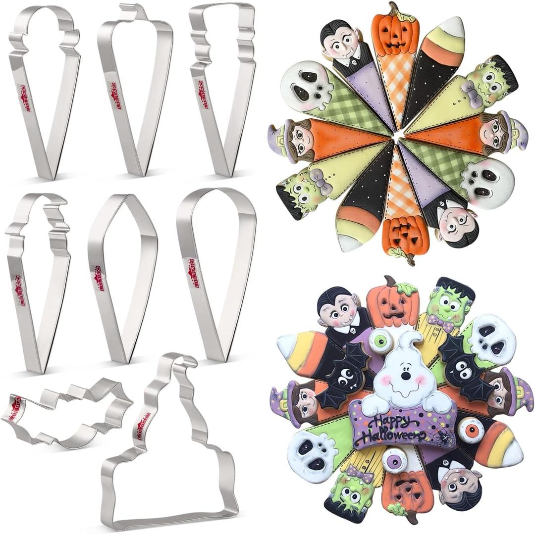 LILIAO Halloween Cookie Cutter Set - 8 Piece - Skull, Witch, Candy Corn, Vampire, Pumpkin, Zombie, Bat and Ghost Plaque Fondant Biscuit Cutters - Stainless Steel