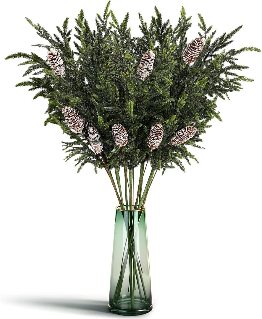 16 Pcs 36 Inch Christmas Artificial Norfolk Pine Branches with Pinecones Stems Christmas Greenery Faux Green Plants Stem Pine Picks for Xmas Vase DIY Garland Wreath Home Decor