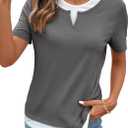 SHEWIN Womens Tops Casual Crewneck Color Block Short Sleeve Mock Double Layer T-Shirt Summer Outfits for Women 2026 (Large, Medium Grey)