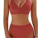 BMJL Women's Bikini Sets V Neck High Waisted Swimsuits Shell Stitched Cheeky Two Piece Bathing Suit (Medium)