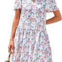 BTFBM Women Spring Dresses 2026 Short Sleeve V Neck Tiered Ruffle Boho Swing Dress A-Line Floral Mini Dresses (White, XL)