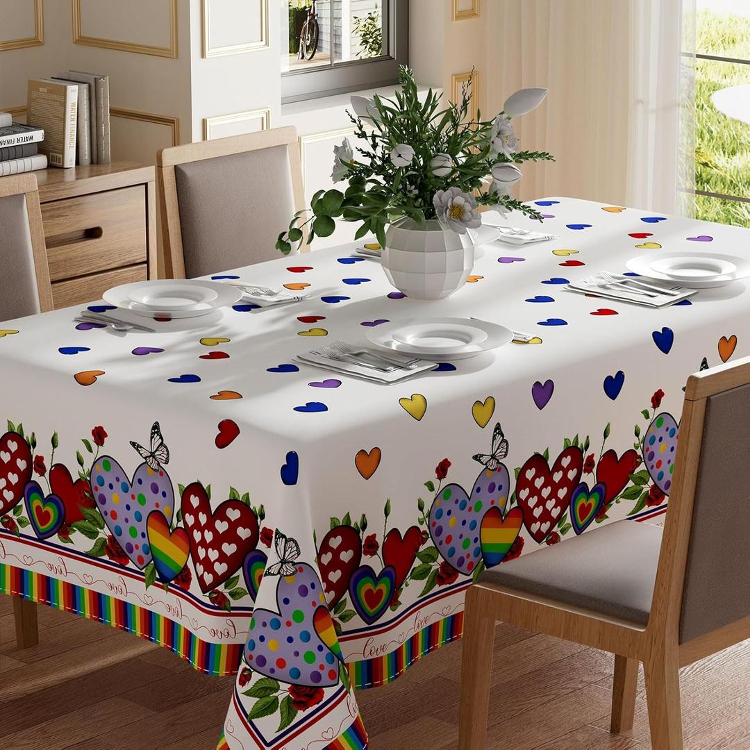XCHI Rainbow Love Heart Flowers LGBTQ Tablecloth Rectangle Pride Day Inclusion Lesbian Gay Bisexual Transgender Queer Homosexual Equality for Indoor Outdoor Dining Home Party Decorations 60x84 Inch
