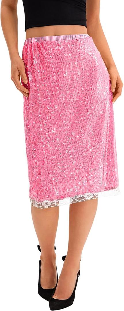 Yousify Womens Sequin Midi Skirts Y2K Elastic High Waisted Lace Trim Sparkly Stretchy Night Out Club Concerts Party Skirt, Size L (Pink)