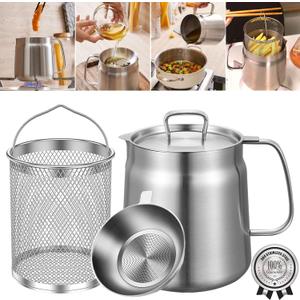 2-in-1 304 Stainless Steel Multifunctional Deep Fryer Pot with Basket & Strainer, Large Capacity Oil Filter Pot, Bacon Grease Container with Steel Pour for Kitchen, Camping, Cooking (68oz/2L)