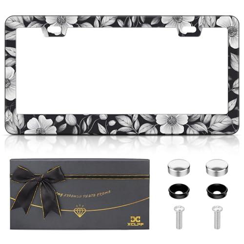XCLPF Floral License Plate Frame Beautiful Flowers License Plate Frame Auto Accessory Bracket Decoration Funny License Plate Holder for Women 12x6 Inch Black with Gift Box