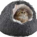 Cat Bed Round Fluffy Hooded Cat Bed Cave, Anti-Anxiety Cave Bed with Hooded Blanket, Cozy Cuddler Luxury Puppy Pet Bed, Anti-Slip Bottom and Machine Washable (Dark Grey, Medium)