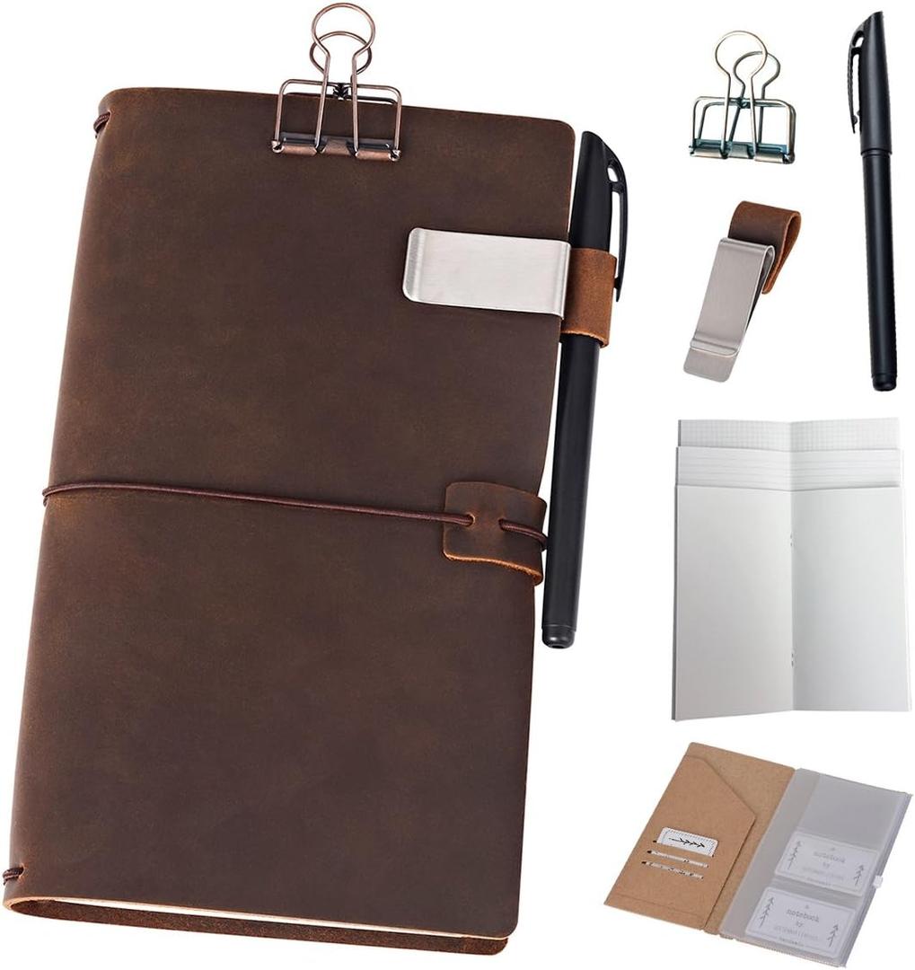 newestor Refillable Leather Journal Travelers Notebook - 8.5 x 4.5 Travel Diary with 5 Inserts + Pen Holder and Binder Clip, Standard Size, Brown