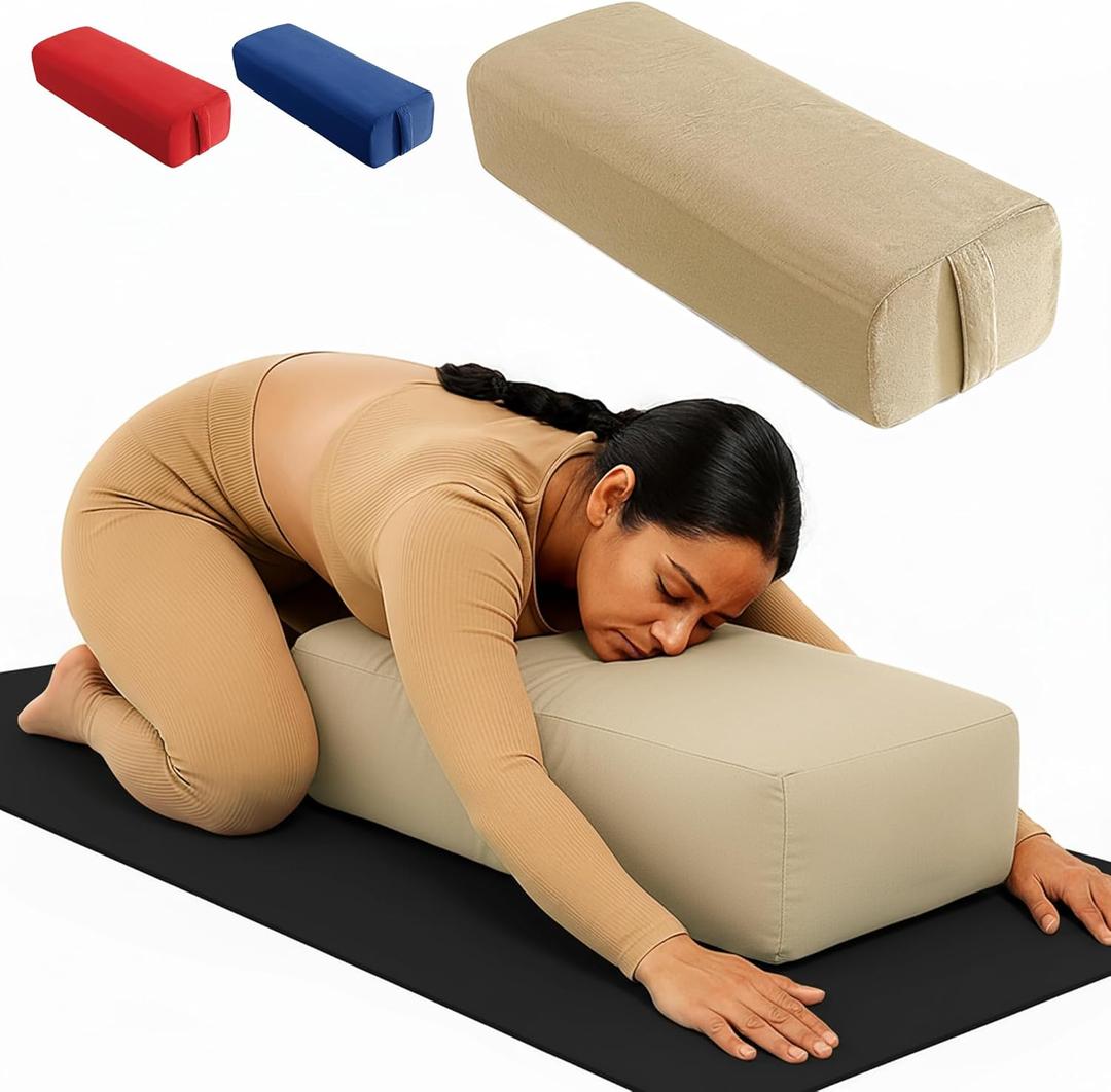 Rectangular Yoga Bolster Pillow for Meditation, Yoga & Back Support – Soft Meditation Cushion with Removable Hand Wash Cotton Cover & Carry Handle (beige)
