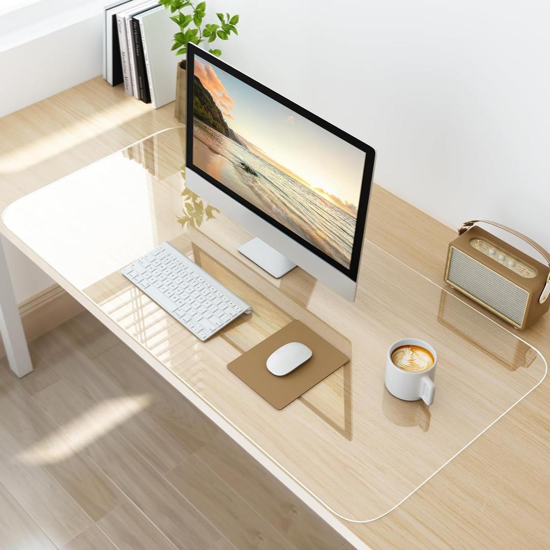 NATRKE Clear Desk Mat Pad, 35.4"x15.7" Large Transparent Computer Desk Mat Plastic Desktop Protector, PVC Writing Pad with Round Edge, Waterproof Wipeable Non-Slip Table Protector for Home Office (35.4" x 15.7")