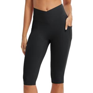 baleaf Women's Knee Length Capri Leggings with Pockets Stretch Casual Exercise Summer Yoga Workout Pants (XX-Large, Black)