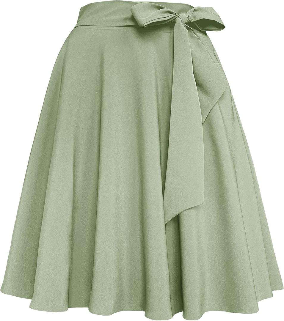 Afibi Womens Vintage High Waist A-Line Skater Skirt Flared Midi Skirt with Pockets, Green, 3XL