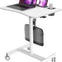 Mobile Standing Desk, 28 inch Rolling Standing Laptop Desk with Cup Holder, Mobile Desk Workstation with Wheels, Portable Computer Desk Cart with Hook for Home Office, White