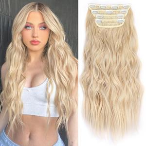 ALXNAN Clip in Hair Extension, Long Wavy Blonde Hair Extensions, 20 Inch 4PCS Thick Hairpieces Fiber Double Weft Hair for Women