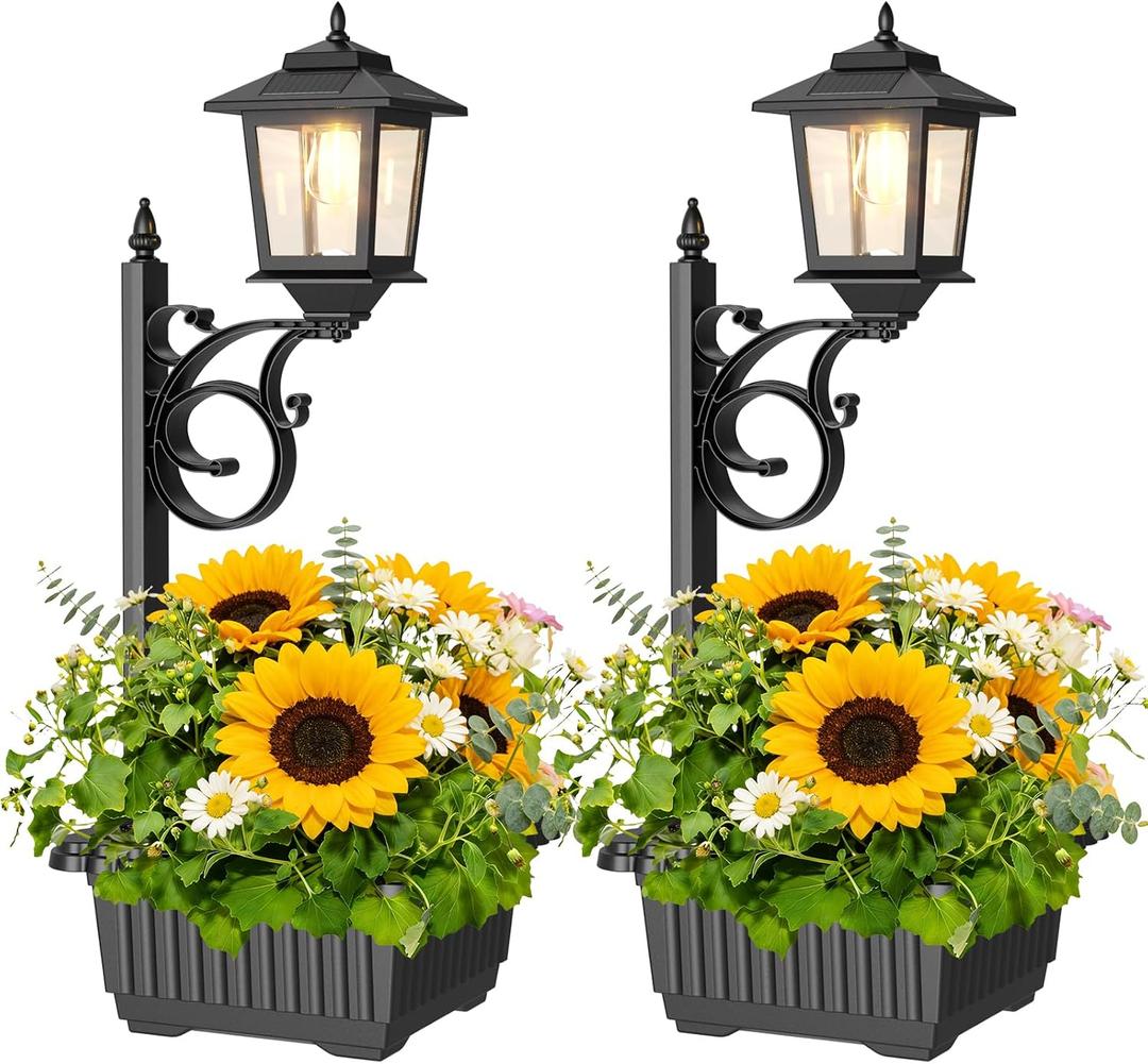 2 Pack Outdoor Flower Pots 2 in 1, Solar Post Lamps Waterproof, Solar Lamp Post Lights, Wall Mount or Freestanding, Outdoor Decorative Lamp for Garden, Patio, Front Porch, Back Door, Warm White