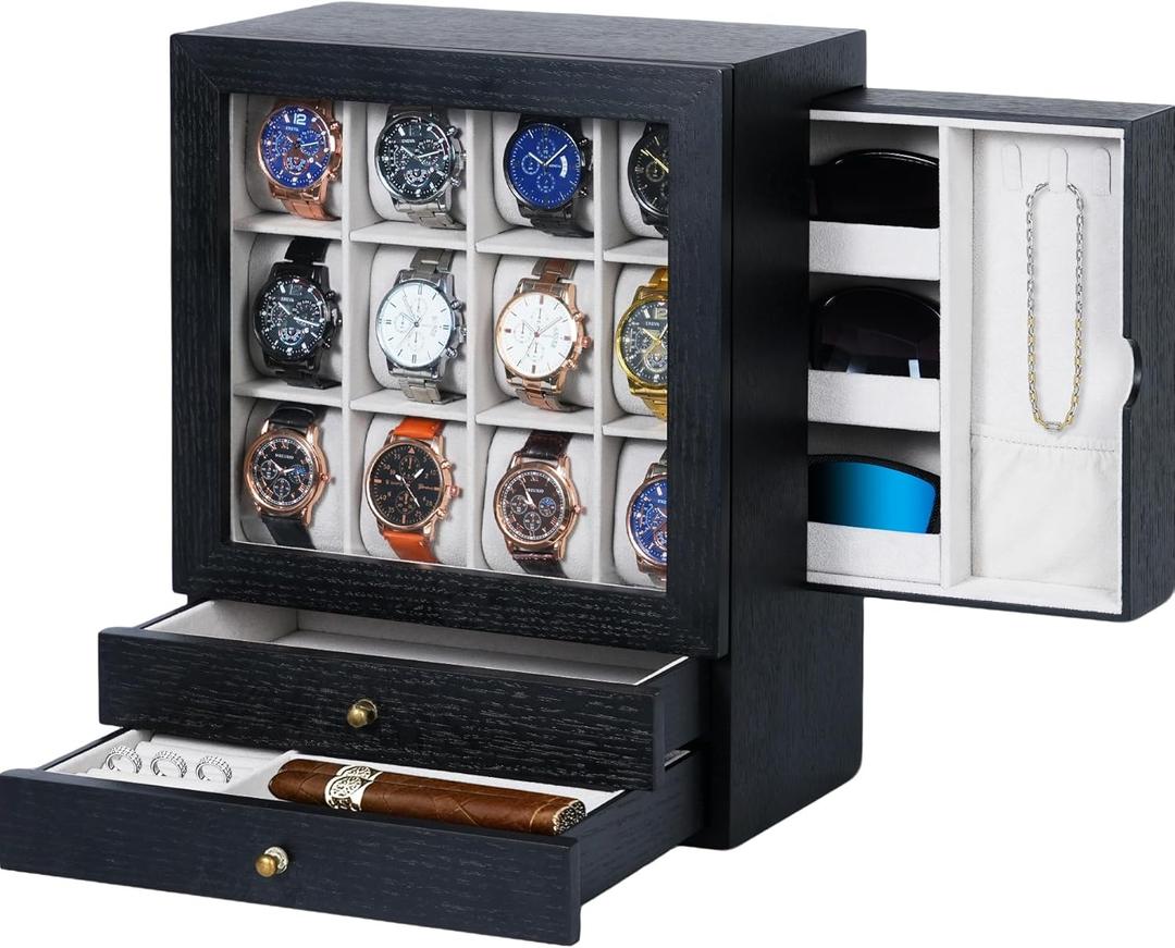 Large Watch Box for Men - 12-Slot Watch Display Case with Side Drawers for Sunglasses Necklaces, 2 Bottom Drawers for Jewelry Rings and More - Gift for Your Loved Ones, Black and Gray