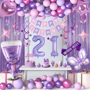21st Purple Birthday Decorations, Pink Purple 21st Birthday Decorations for Women Girls Lavender Party Decor Set with Number Balloons, Foil Balloons, Sash and Cake Topper