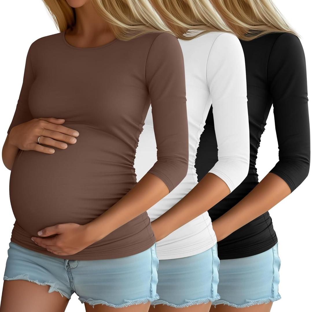 Riyiper 3 Pack Women's 3/4 Sleeve Maternity Shirts | Smooth Lightweight Fabric, Pregnancy-Friendly Stretch
