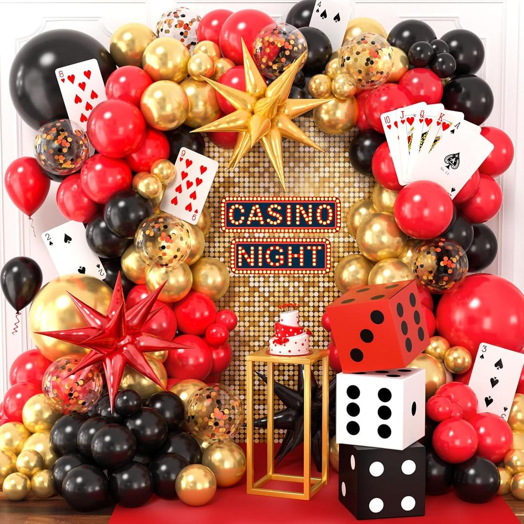 132Pcs Casino Theme Party Decorations, Dice Boxes Large Poker Cards Black Red Gold Balloon Garland Star Foil Balloons for Vegas Themed Party and Casino Night Birthday Celebrations
