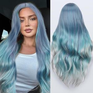 FAVE Mermaid Wig Ombre Blue Wig Mixed Lilac Gray Long Wavy Middle Part Wig Colorful Wigs for Cosplay Party 28Inches Heat Resistant Synthetic Wigs
