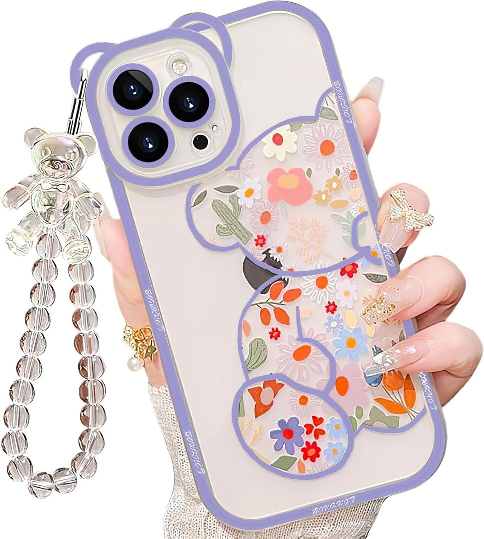 for iPhone 12 Pro Case with Cute Flowers Bear Pattern, Camera Protector, Clear Phone Case and Lovely Strap Bracelet Chain, Compatible for iPhone 12 Pro for Girls Women (Blue)