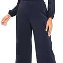 YUNDAI Womens Jumpsuit Fall Long Sleeve V Neck Casual Loose One Piece Outfits Wrap Waist Pants Long Romper with Pockets, Navy, S