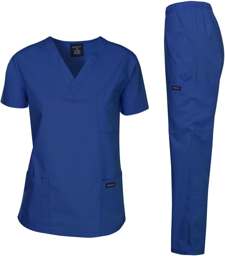 Dagacci Scrubs Medical Uniform Women and Man Scrubs Set Medical Scrubs Top and Pants, (Small, Galaxy Blue)