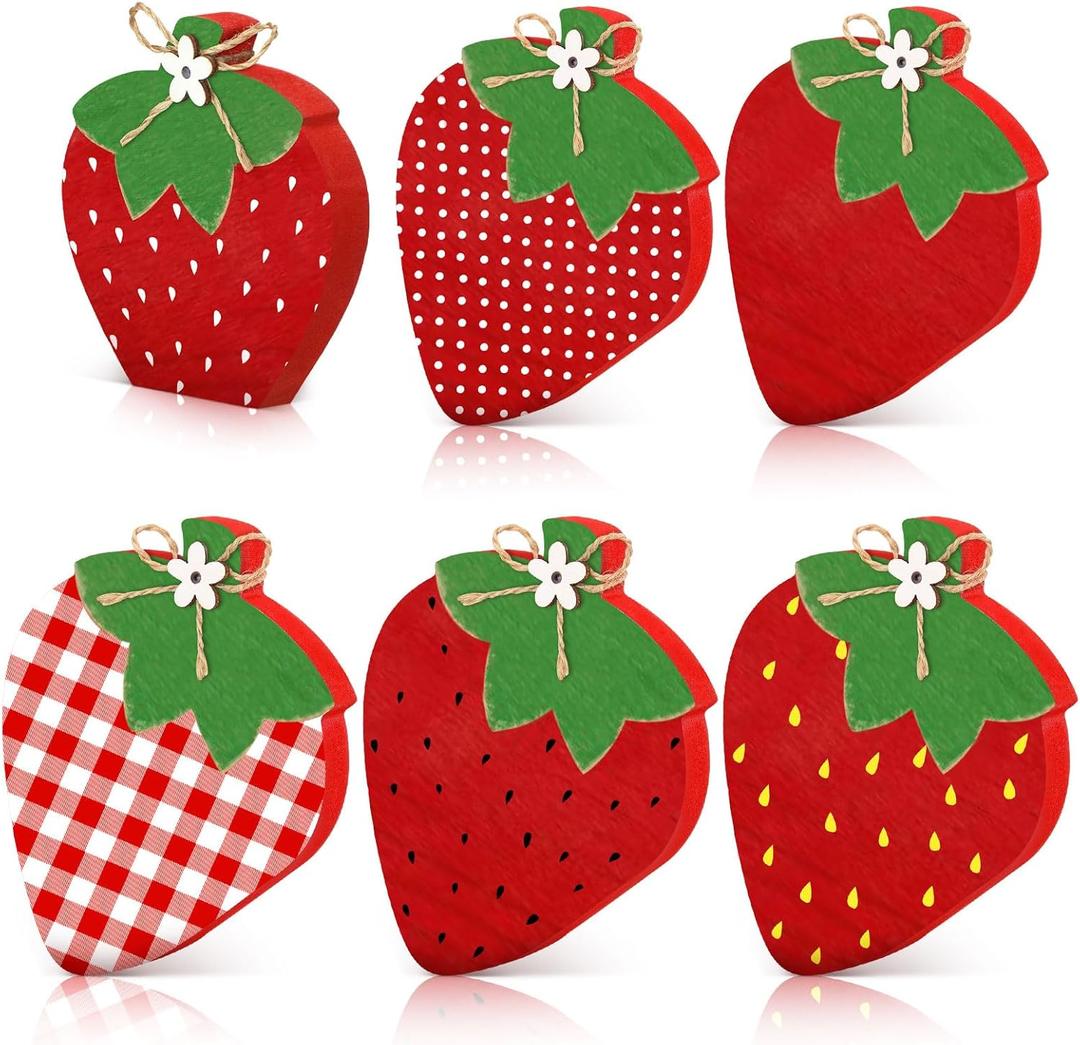 Yalikop 6 Pcs Wood Strawberries Summer Decor Summer Tier Tray Decoration Strawberry Decor Wood Table Signs Block Signs Party Tiered Tray Decorations for Holiday Party Home Supplies