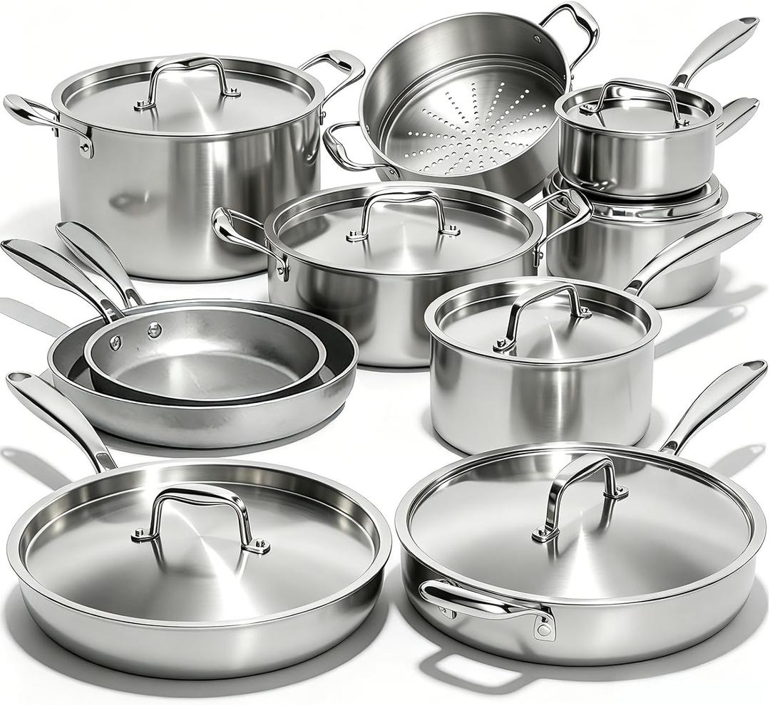 Umite Chef 17Pcs 5 Ply Clad Stainless Steel Cookware Set with Lids, Heavy Duty Pots and Pans Kitchen Set, Induction-Ready, Dual Aluminum Core for Even Heat, Cool Grip Handles, Dishwasher Safe, Large