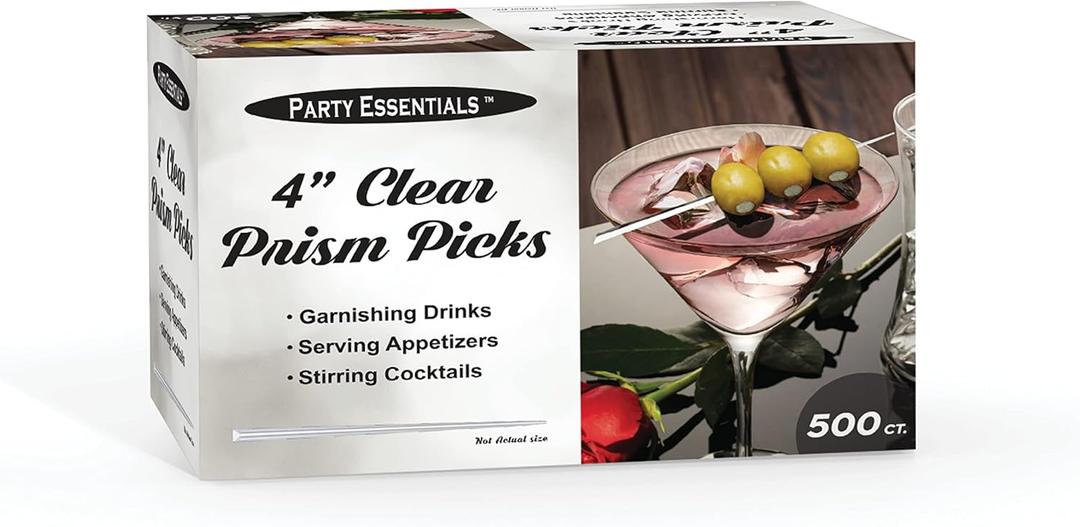 Party Essentials Stylish Skewers Appetizer Martini Cocktail Keeps Ingredients Pinned Together, 4" Prism Picks, Clear, 500-Count